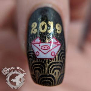 Year of the Creased Pig - Hermit Werds - black and bronze nail art with stamped baby boomer french tips and origami year of the pig
