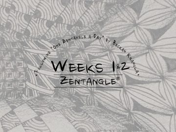Daily Zentangle - Weeks 1 & 2 - Hermit Werds - Lisa's first two weeks of progress, background is Vega, Beelight, and Beelight tangleations.