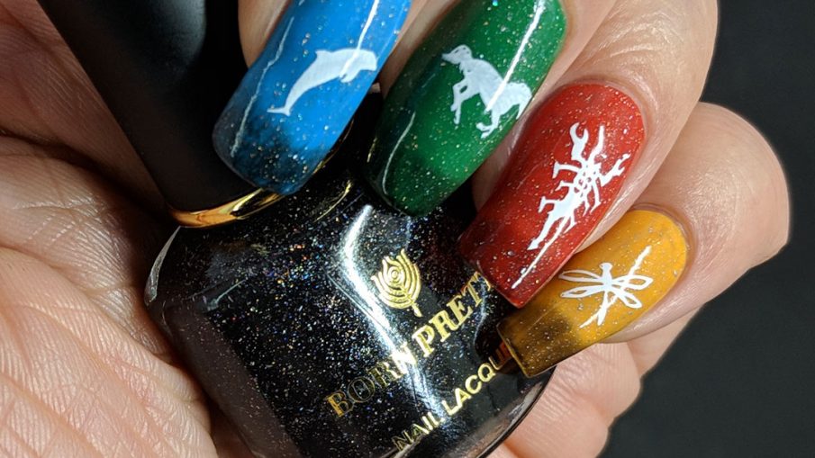 Four Elements of Holo - Hermit Werds - nail art of the four elements and representative animals (blue/dolphin/water, green/horse/earth, orange/scorpion/fire, and yellow/dragonfly/air) with a holographic thermal top coat on top