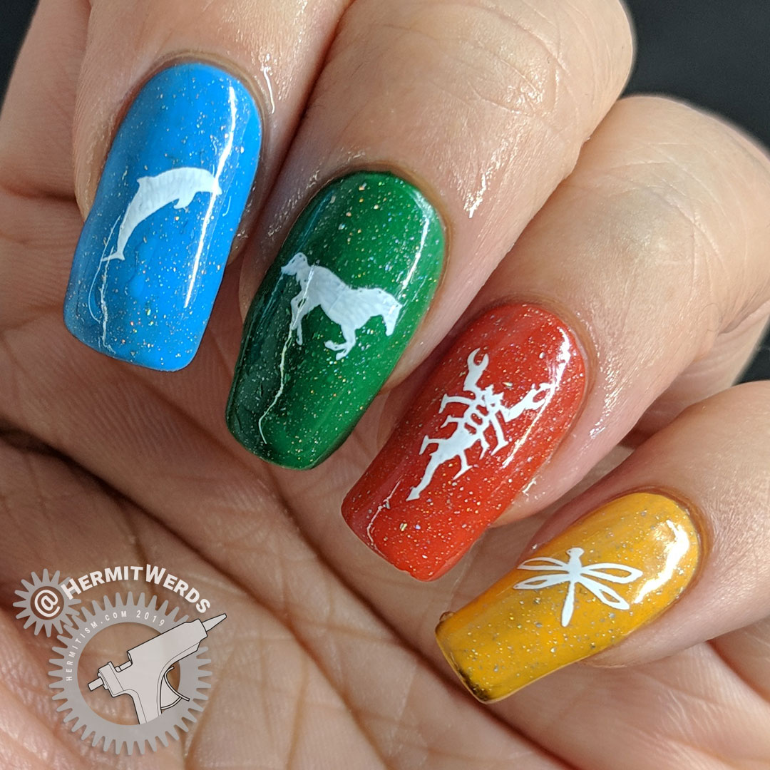 Four Elements of Holo - Hermit Werds - nail art of the four elements and representative animals (blue/dolphin/water, green/horse/earth, orange/scorpion/fire, and yellow/dragonfly/air) with a holographic thermal top coat on top