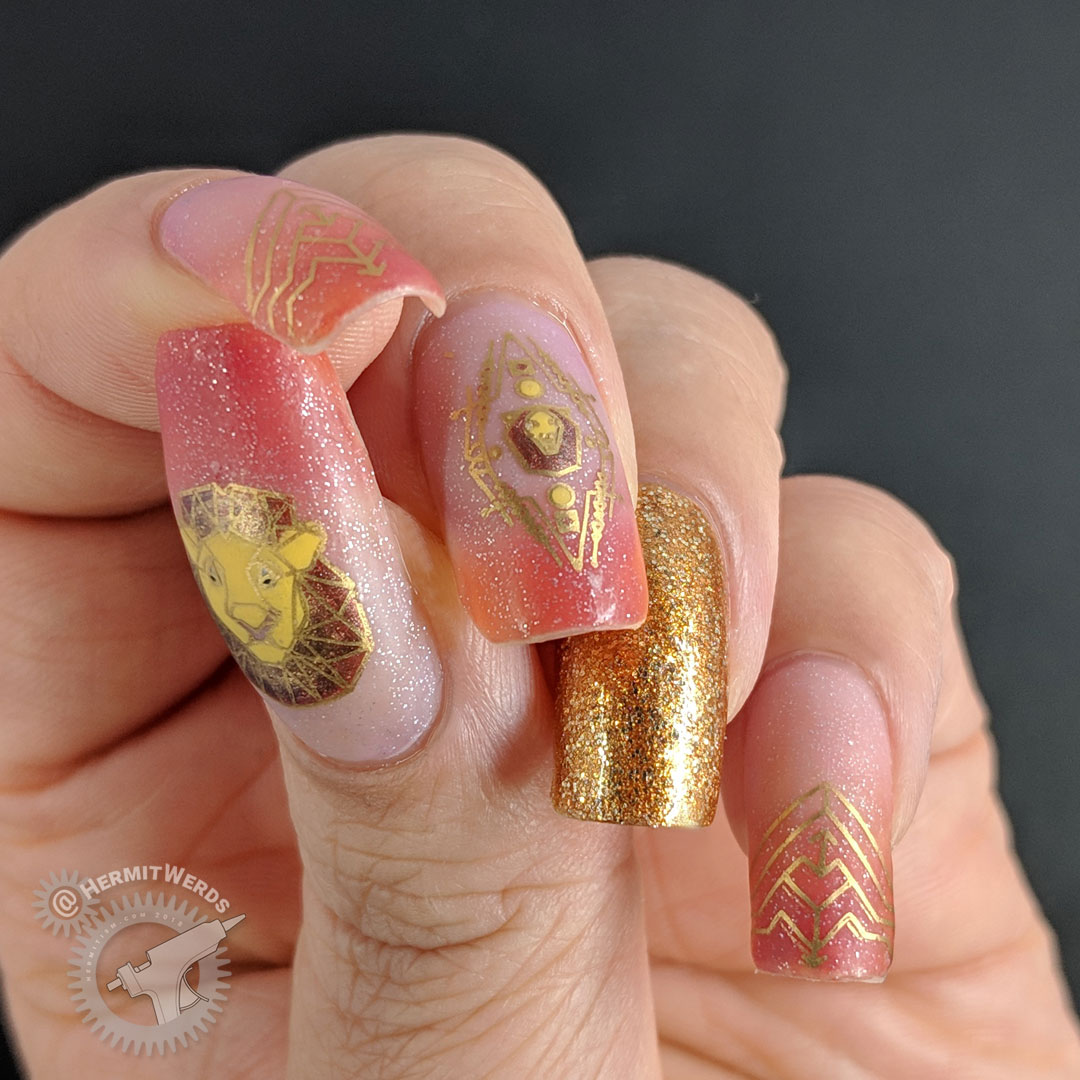 Geometric Lion - Hermit Werds - nail art with geometric lion stamping decals on an orange/magenta/red thermal/solar polish with a dark gold accent nail