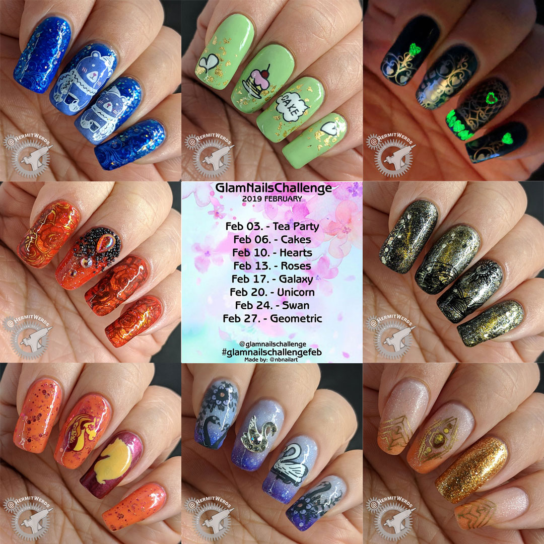 #GlamNailsChallengeFeb - completed challenge - Hermit Werds - Lisa's nail art for Tea Party, Cakes, Hearts, Roses, Galaxy, Unicorn, Swan, Geometric challenge prompts on Instagram
