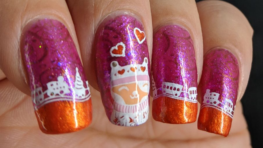 Kitty Clause - Hermit Werds - glittery magenta nails with orange french tips edged with a cute toy train and cute cats
