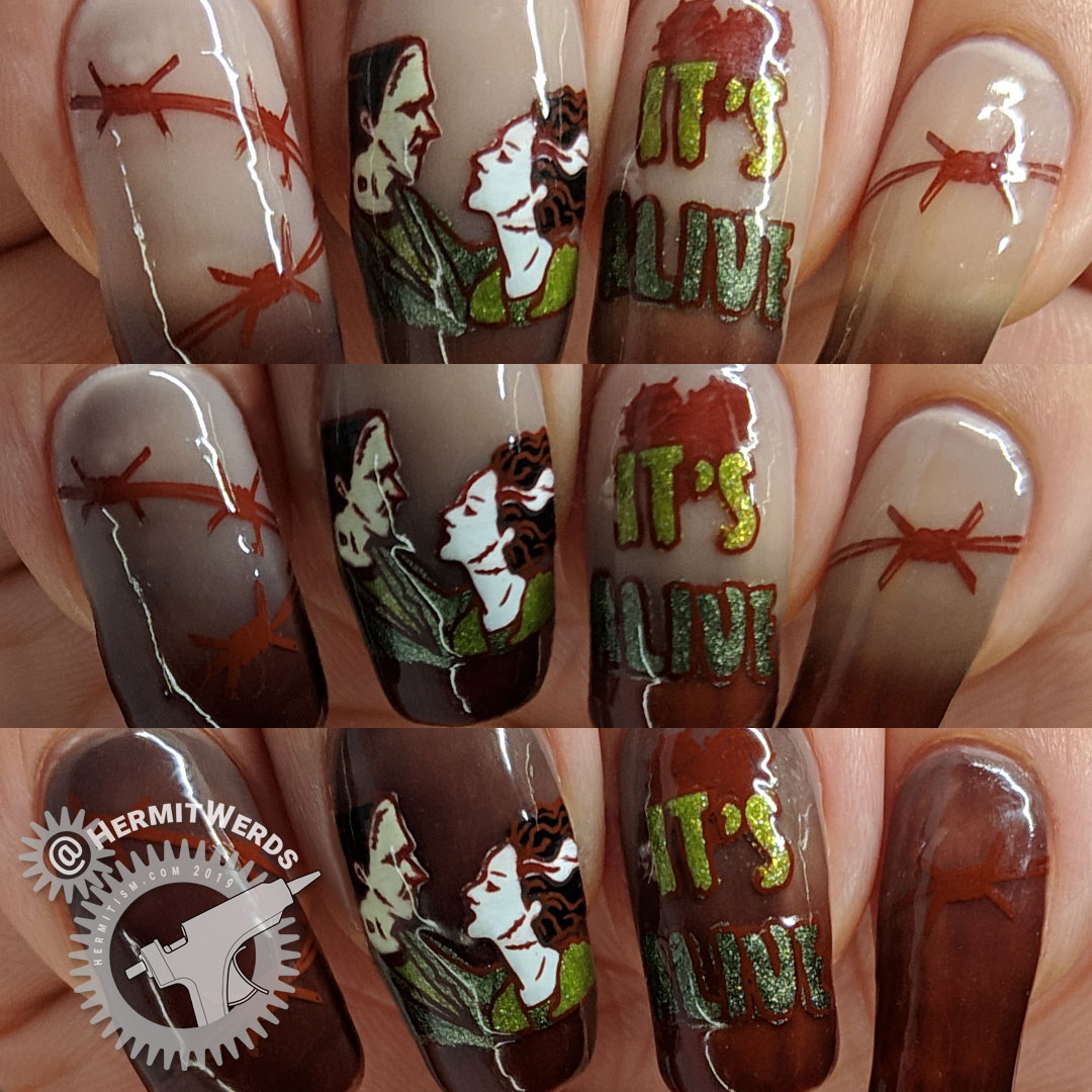 Love in the Time of Monsters - Hermit Werds - Frankenstein's monster and his bride over a bloody thermal french tip and barbed wire accents