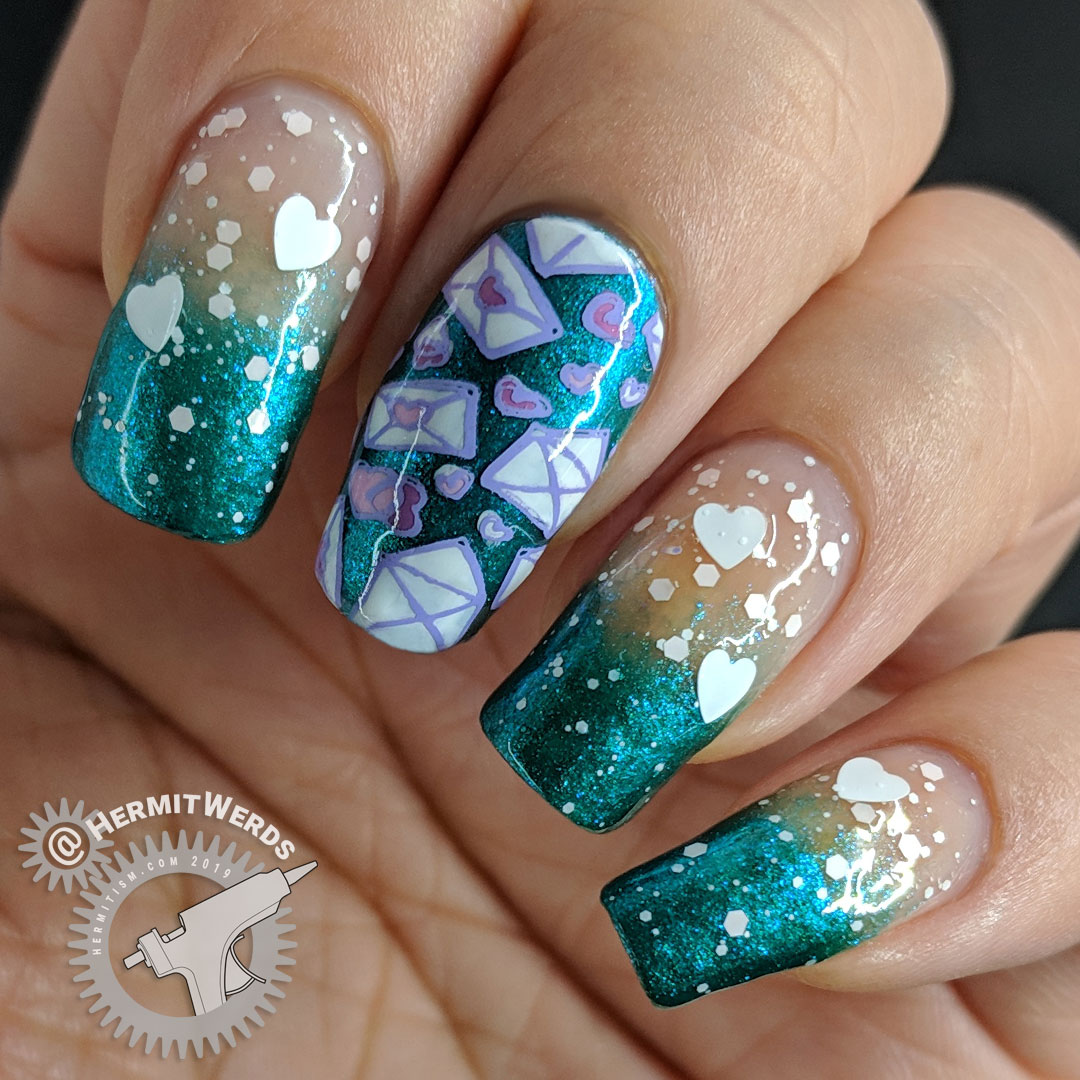 Love Letters - Hermit Werds - metallic teal nails with Valentine's Day glitter on top and love letter stamping decals