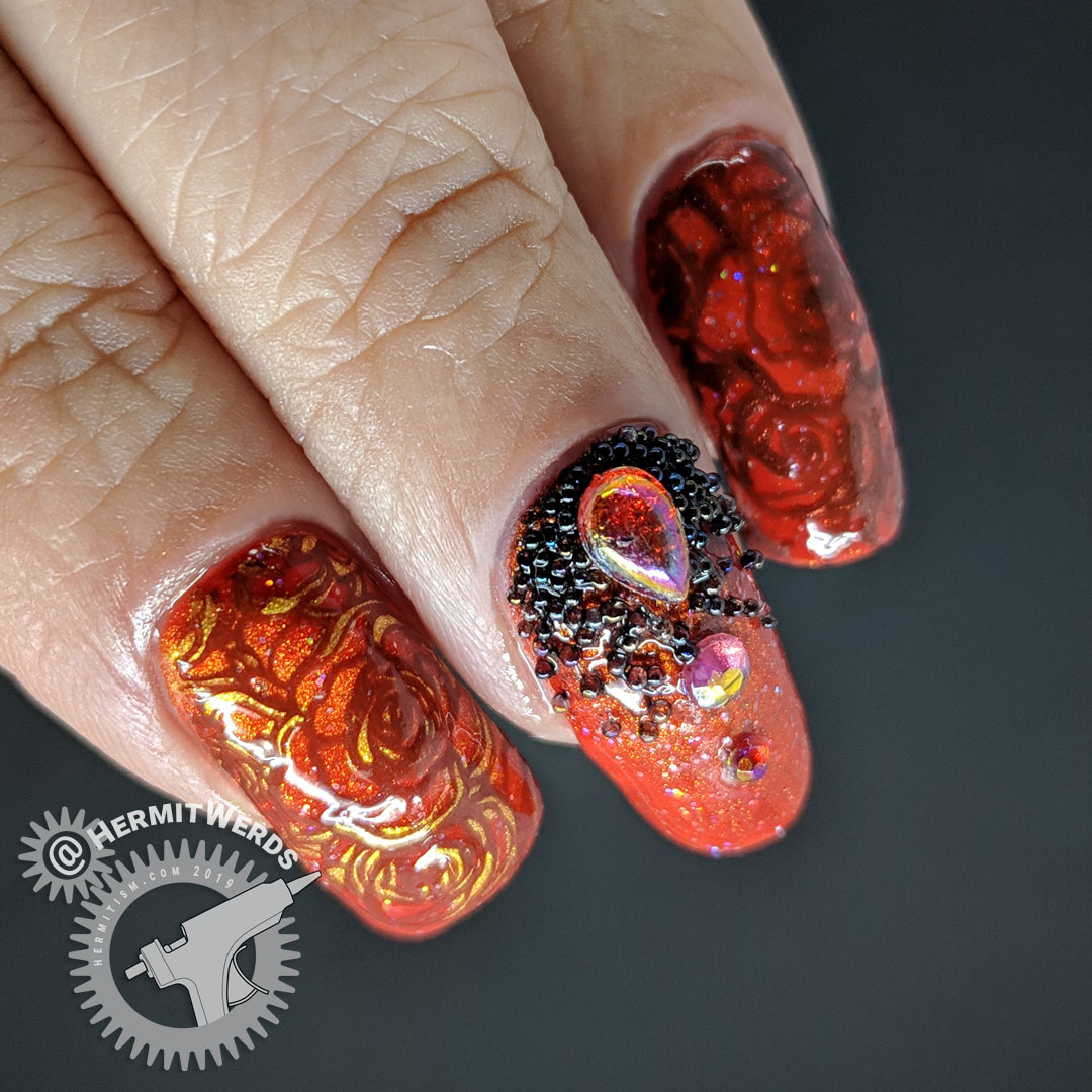 Magnetic Roses - Hermit Werds - magnetic orange gel polish with glitter nail art with rose stamping and orange AB rhinestones and black caviar beads