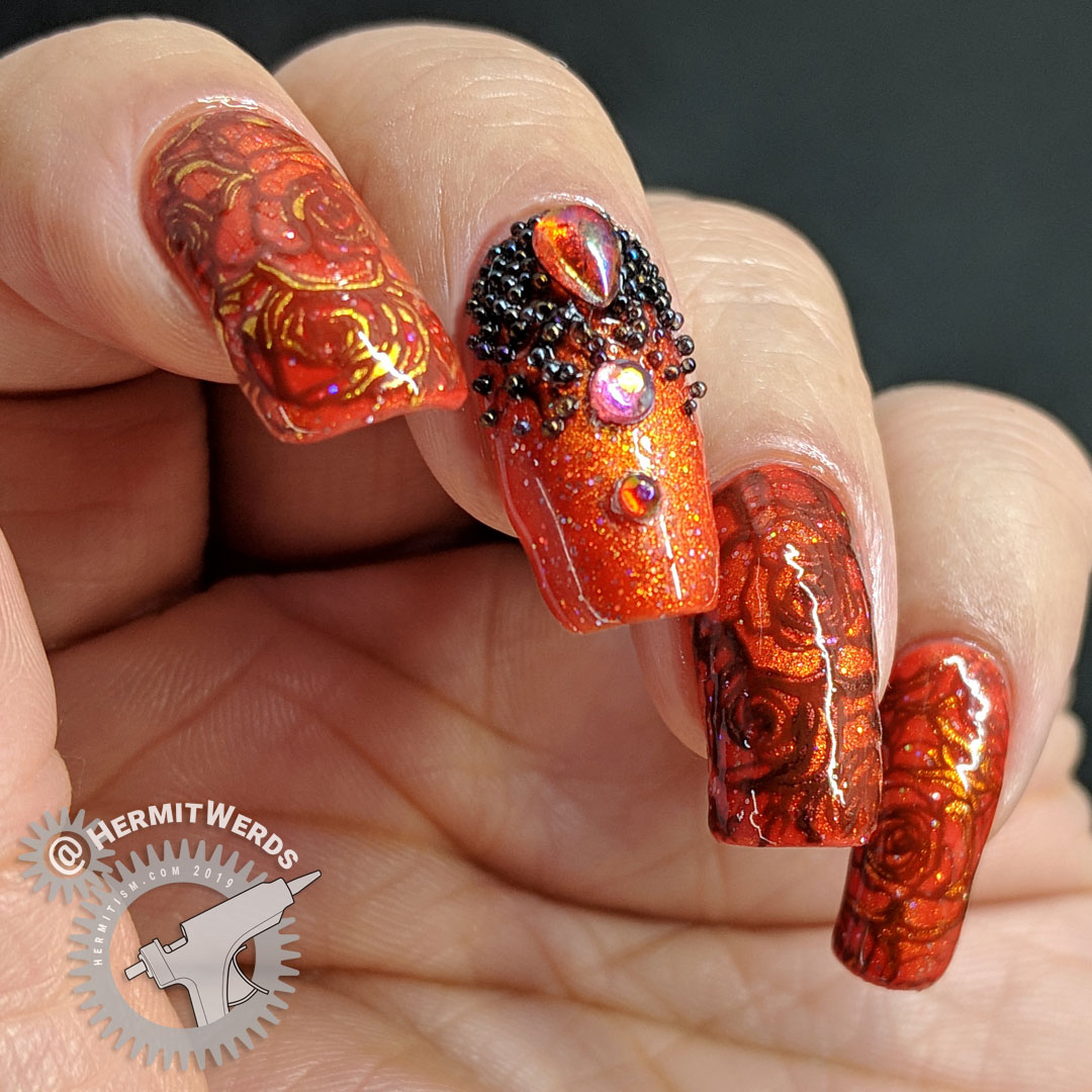 Magnetic Roses - Hermit Werds - magnetic orange gel polish with glitter nail art with rose stamping and orange AB rhinestones and black caviar beads