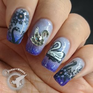 Swan Lake - Hermit Werds - a swan princess and rhinestone nail charm swan on a thermal/solar polish with attendant swans