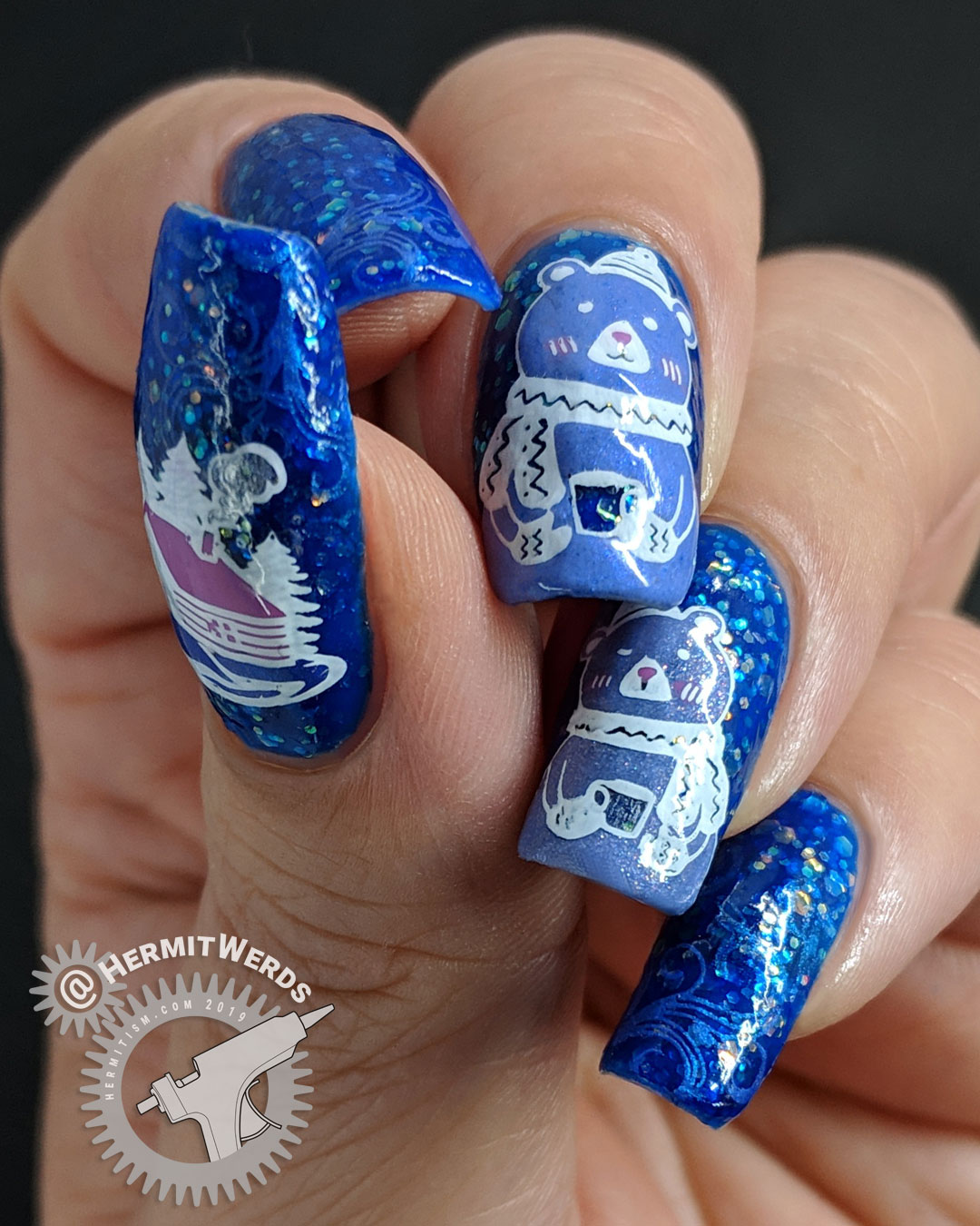 Tea for Two - Hermit Werds - two blurple stamping decal bears drinking tea against a jelly background with opalescent glitters