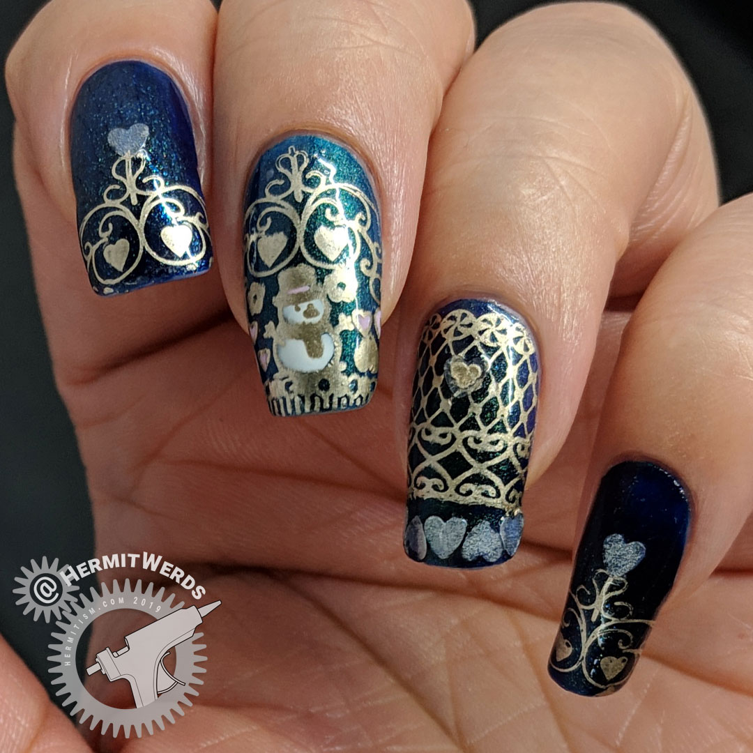 Winter's Love - Hermit Werds - blue chameleon nail art with golden lace, snowman, and hearts including glow in the dark hearts