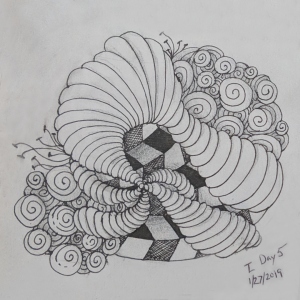 Daily Zentangle - Day 5 - Hermit Werds - Zentangle using Isochor, Printemps, Frescu, and Jonqal tangleation