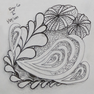 Daily Zentangle - Day 6 - Hermit Werds - Zentangle using Shattuck, Flux, Mooka, Crescent Moon, and Amaze