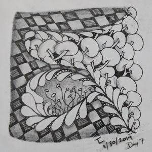 Daily Zentangle - Day 7 - Hermit Werds - Zentangle using Flux, Knightsbridge tangleation, Fescu, and Pokeroot