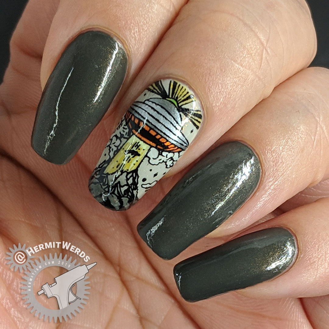Alien Abduction - Hermit Werds - dark grey nail art with a single nail alien abduction stamp complete with flying saucer