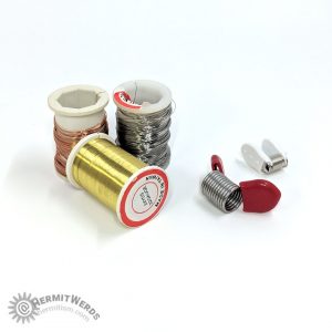 Beading supplies - wire and bead stoppers - Hermit Werds - 32-gauge wire in gold, copper, and silver and two kinds of bead