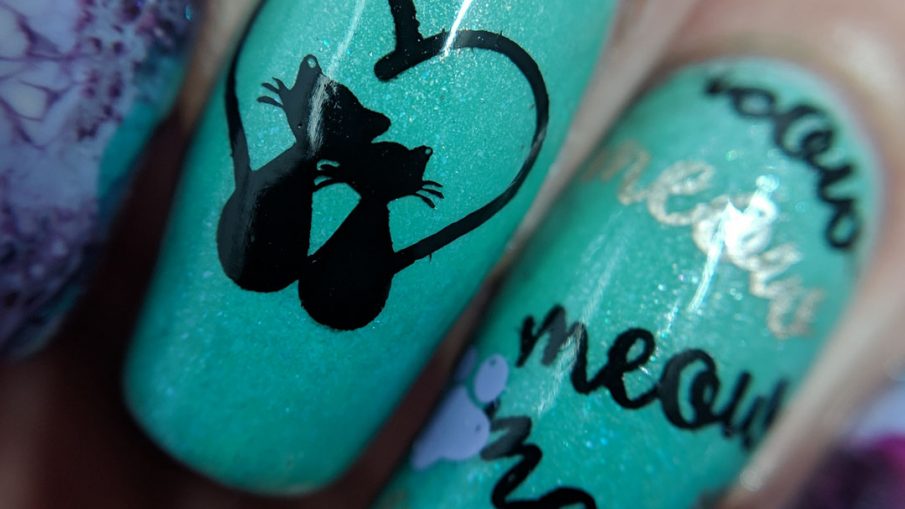 Black Cat Talk - Hermit Werds - smoosh marble nail art with purple and mint polishes with black cat stamping on top