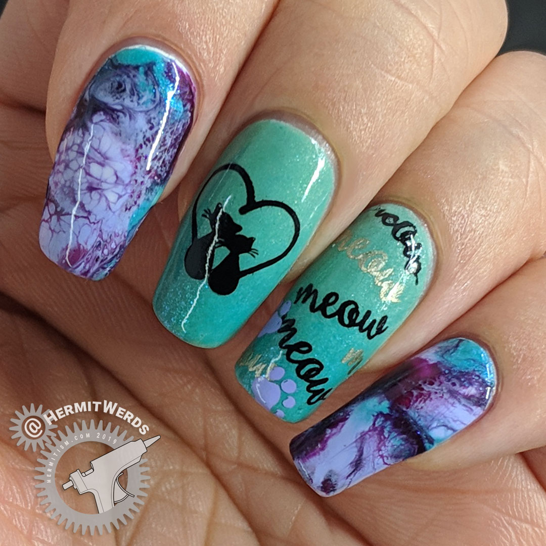 Black Cat Talk - Hermit Werds - smoosh marble nail art with purple and mint polishes with black cat stamping on top