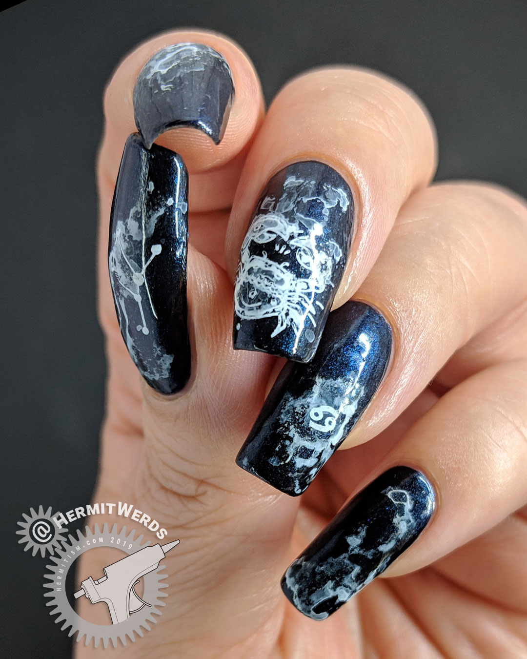 Ghost Crab of the Cosmos - Hermit Werds - deep blue nail art with crab and astrological Cancer symbol and ghostly white paint on top