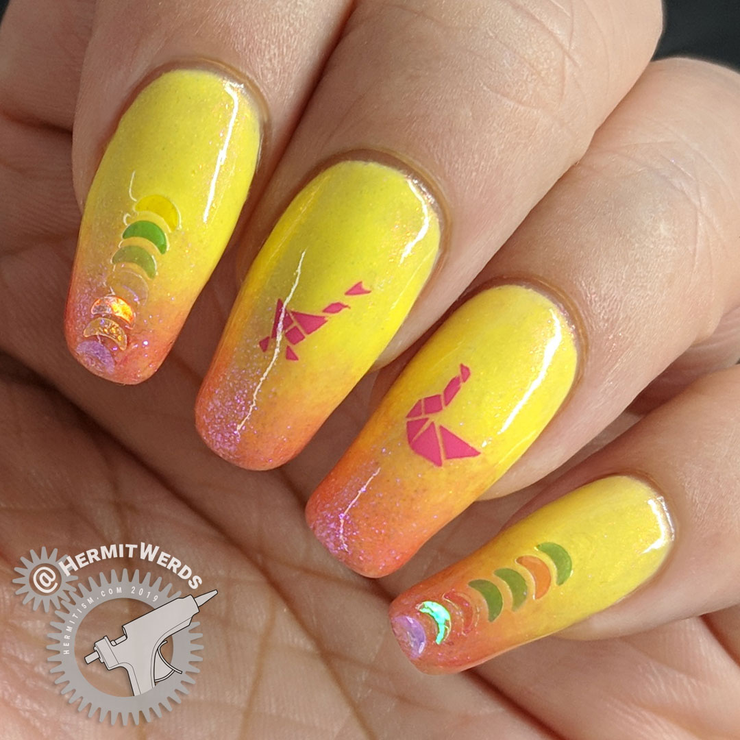 Pink Lemonade Bird Tangrams - Hermit Werds - Tangram puzzle nail art of bird tangrams on a sparkly yellow and pink baby boomer french tip