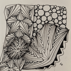 Daily Zentangle - Day 21 - Hermit Werds - Zentangle using Rick's Paradox, B'tweed, B-tweed with an aura, Rain tangleation, and Tipple