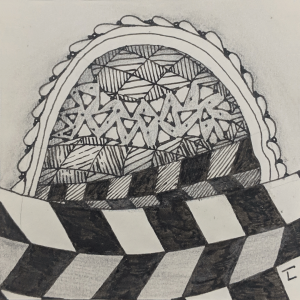 Daily Zentangle Day 23 @ Hermit Werds - Zentangle using Jonqal and Jonqal tangleation, Flux tangleation with aura, Yincut tangleation, and Kathy's Dilemma