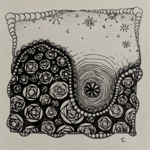 Daily Zentangle - Day 32 - Hermit Werds - Zentangle using Ahh, Gneiss, Vitruvius with perfs, Crescent Moon, and Isochor