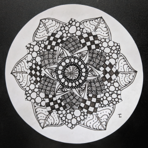 Daily Zendala - Day 33 - Hermit Werds - Zendala using Finery, Tipple, Knightsbridge, Yincut, Paradox, Onamato, and Crescent Moon tangleation Zentangles