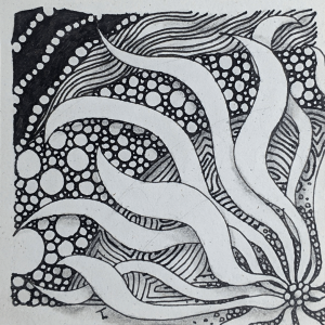 Daily Zentangle - Day 42 - Hermit Werds - Zentangle using Striping tangleated with perfs, Enyshou tangleation, Tipple, and Squid tangleation