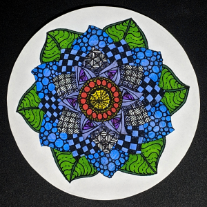 Zendala "Flower" - Hermit Werds - Zendala using Finery, Tipple, Knightsbridge, Yincut, Paradox, Onamato, and Crescent Moon tangleation Zentangles colored in with sharpies