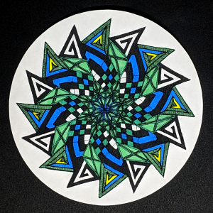 Cool Retro Zendala - Hermit Werds - Zendala using Emingle tangleations, Striping, Knightsbridge, and 'Nzeppel Zentangles colored in with sharpie marker