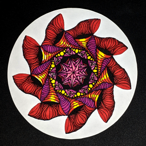 Fiery Zendala - Hermit Werds - Zendala using Swells, Isochor, perfs, Paradox, and Betweed Zentangles colored in with sharpie marker