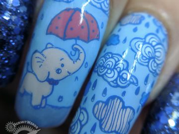 April Showers - Hermit Werds - glittery purple and blue rain-themed nail art with baby elephant holding an umbrella stamping decal