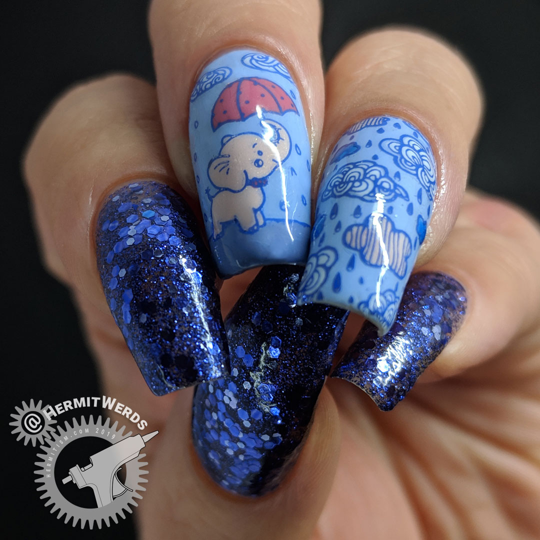 April Showers - Hermit Werds - glittery purple and blue rain-themed nail art with baby elephant holding an umbrella stamping decal