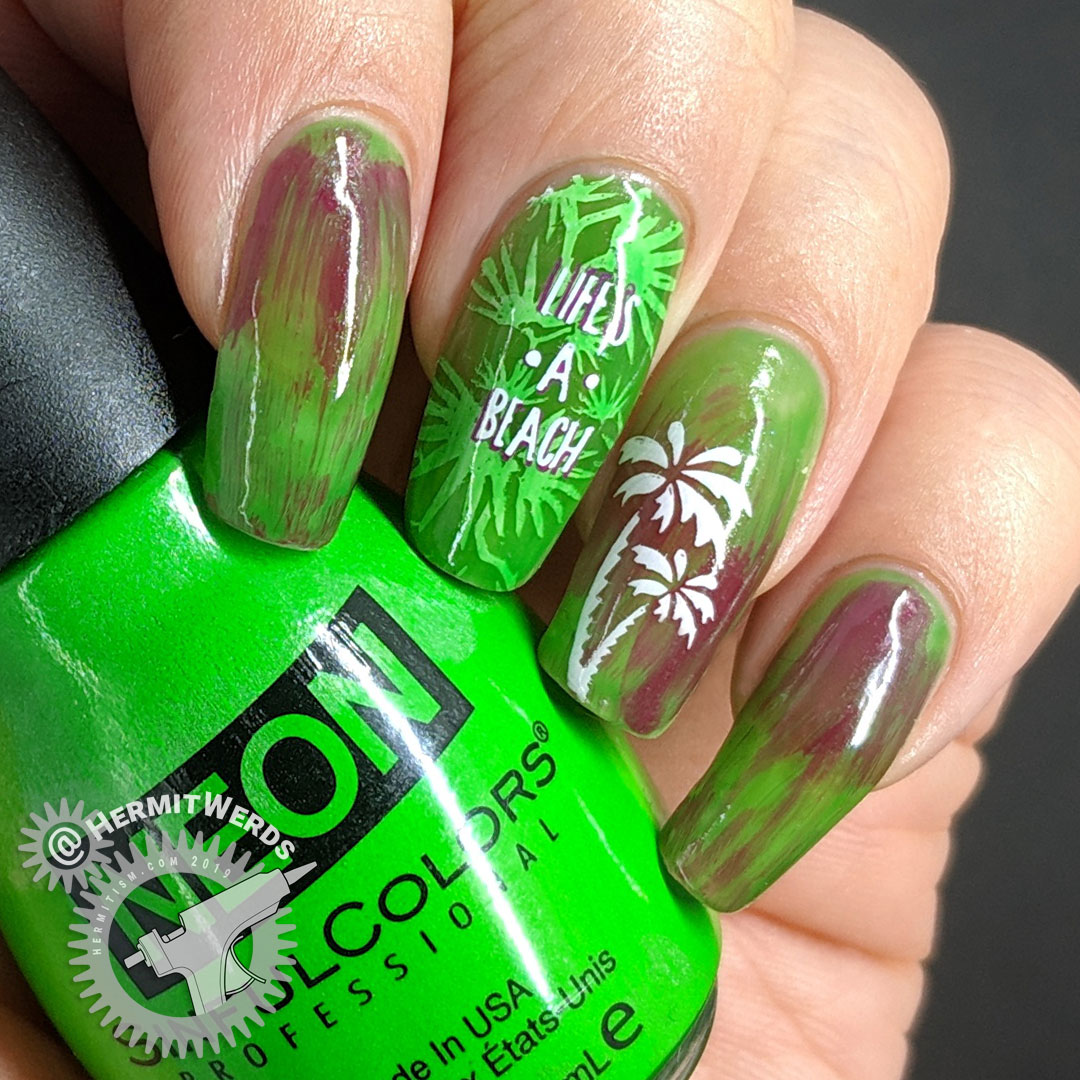Life's a Beach - Hermit Werds - tropical green pond jelly nail art with palm trees
