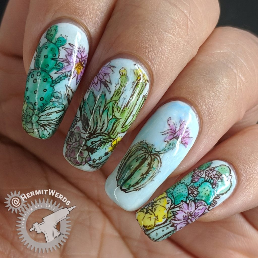 Watercolor Cactus - Hermit Werds - nail stamped cactus arrangement colored with watercolor paints