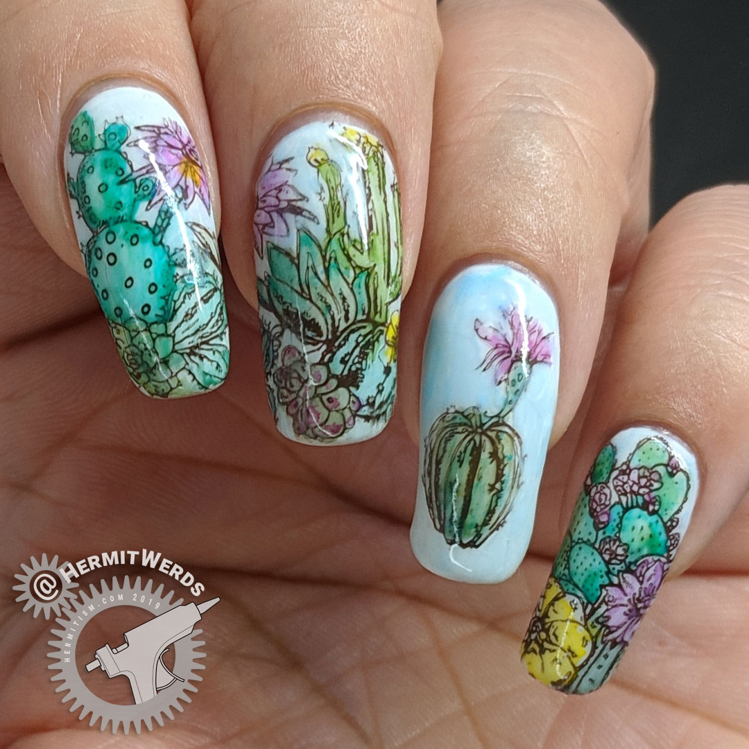 Watercolor Cactus - Hermit Werds - nail stamped cactus arrangement colored with watercolor paints