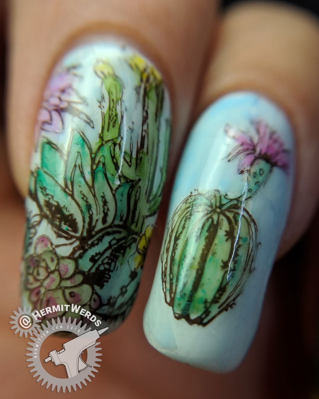 Watercolor Cactus - Hermit Werds - macro shot of nail stamped cactus arrangement colored with watercolor paints