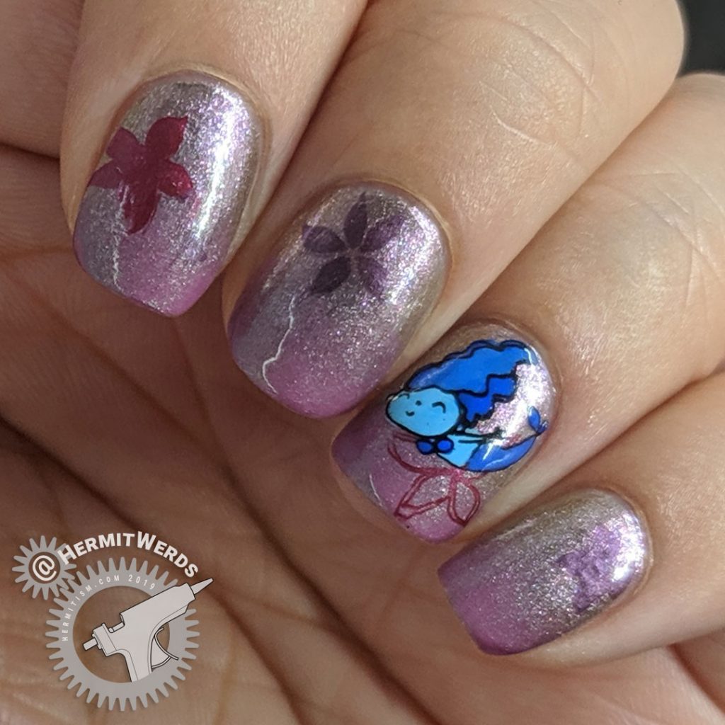 Sparkly mauve nail art with ocean flora and cute mermaid stamping decals for Mermay