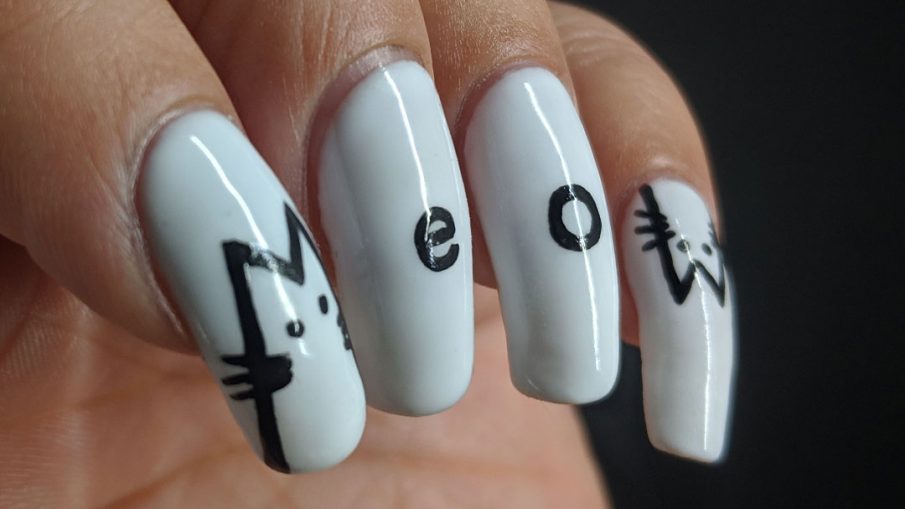 Minimalist Meow - Hermit Werds - freehanded white "Meow" nail art with cute kitty cats