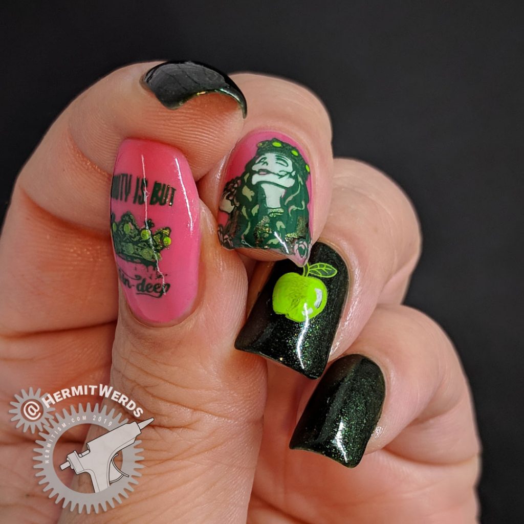 Green and pink nail art featuring the Evil Queen and her apple from Snow White.