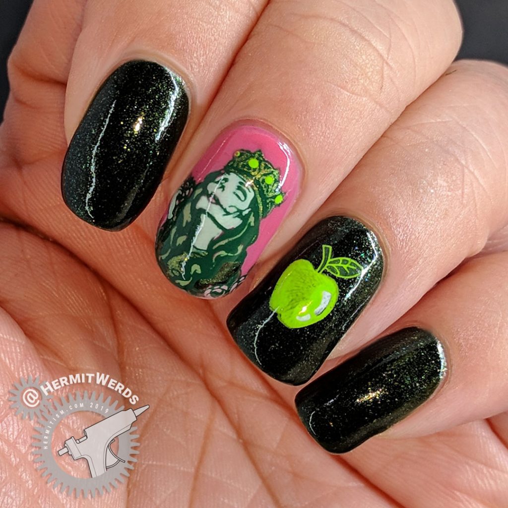 Green and pink nail art featuring the Evil Queen and her apple from Snow White.