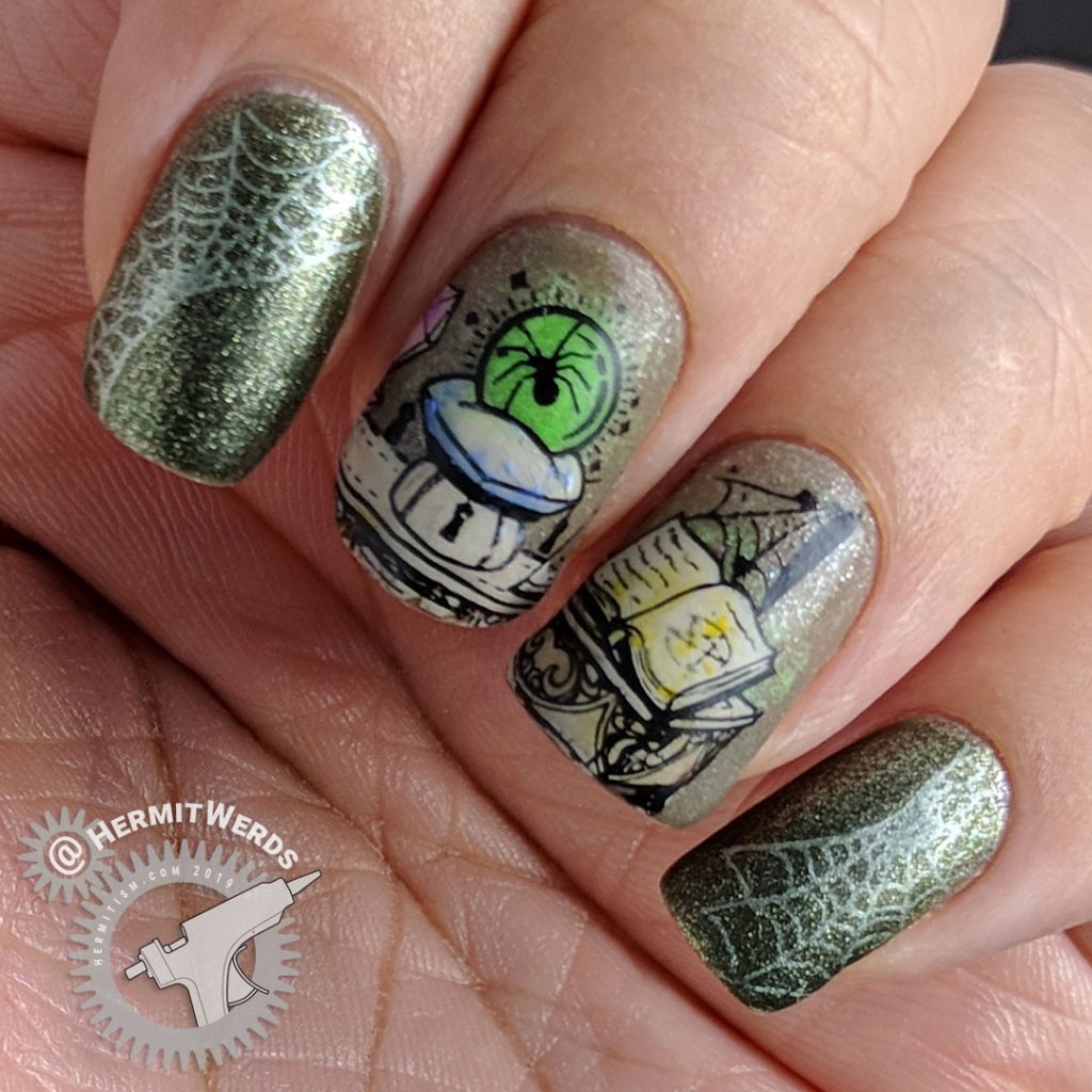 Neutral colored nail art of an evil magic spell to summon a spider queen. Lots of spider webs.