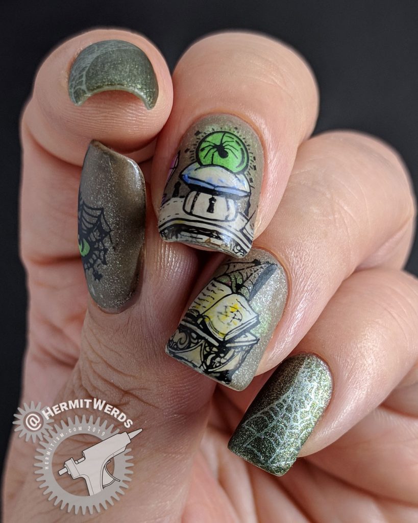 Neutral colored nail art of an evil magic spell to summon a spider queen. Lots of spider webs.