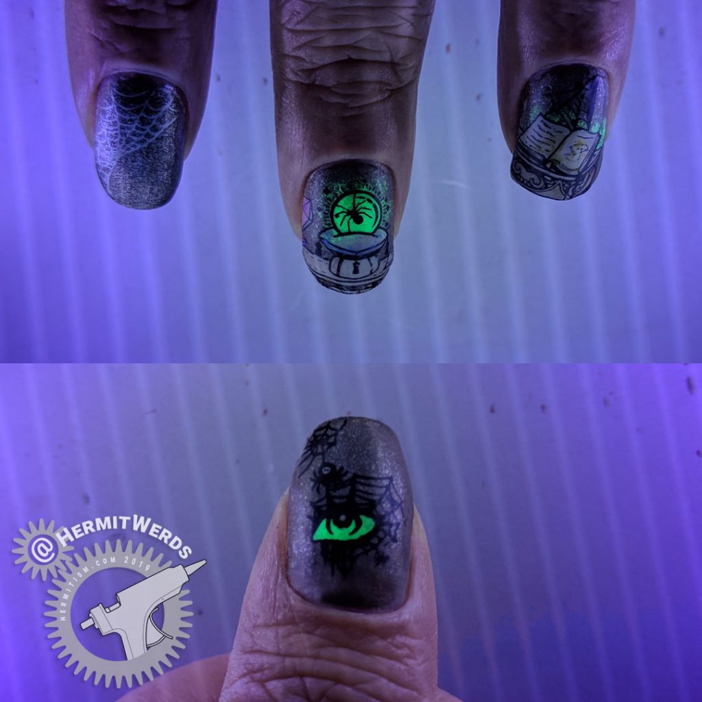 Glow in the dark. Neutral colored nail art of an evil magic spell to summon a spider queen. Lots of spider webs.