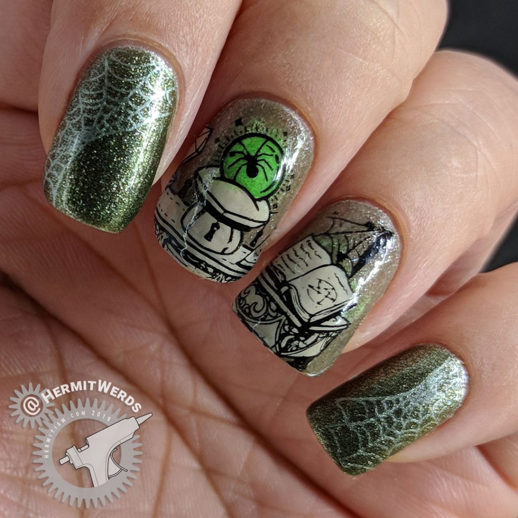 Neutral colored nail art of an evil magic spell to summon a spider queen. Lots of spider webs.