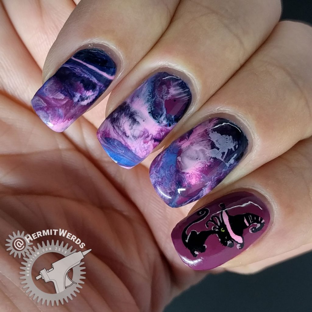 Purple, pink, and blue smoosh marble nail art with fabulously hat-ed witch and black cat familiar.