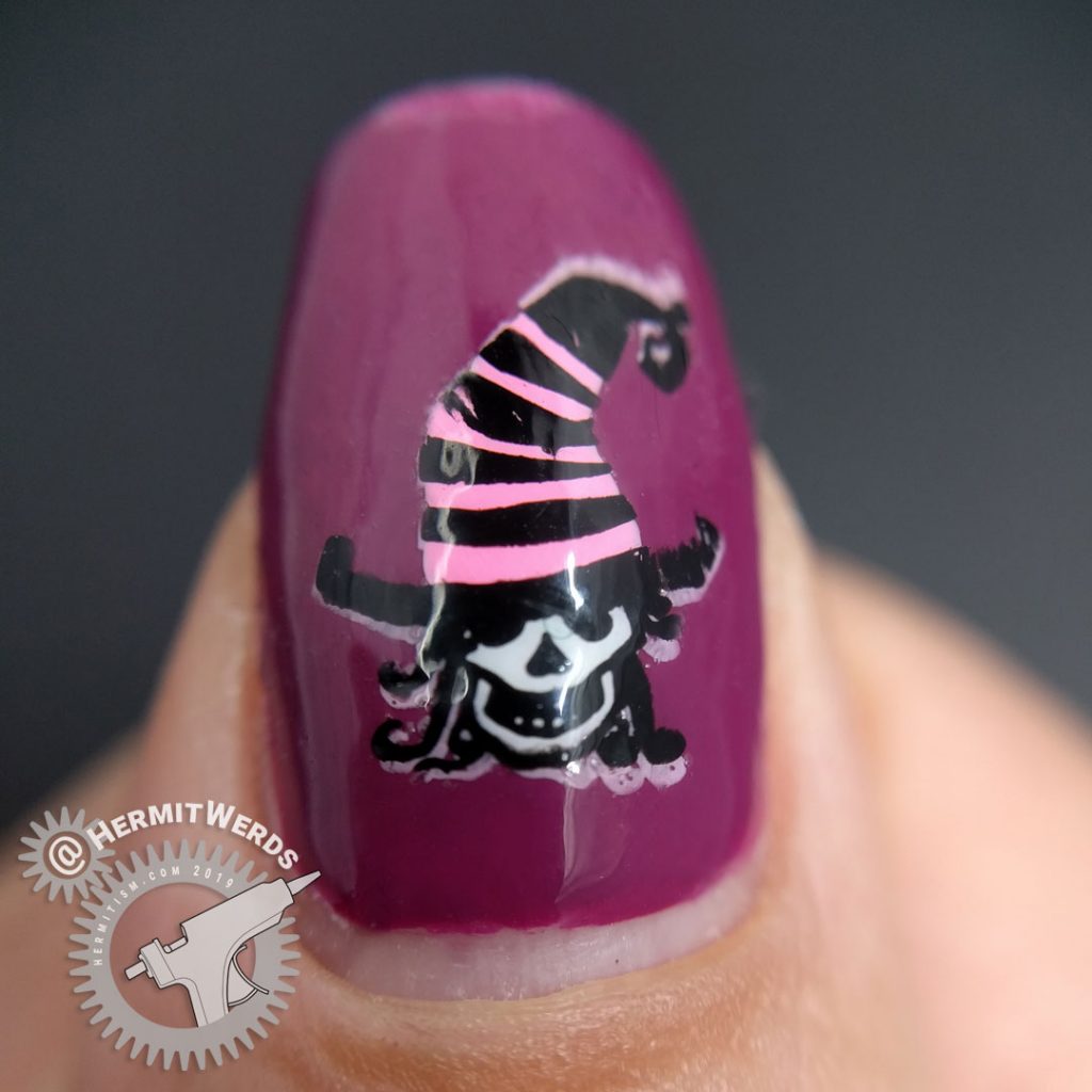 Purple, pink, and blue smoosh marble nail art with fabulously hat-ed witch and black cat familiar.