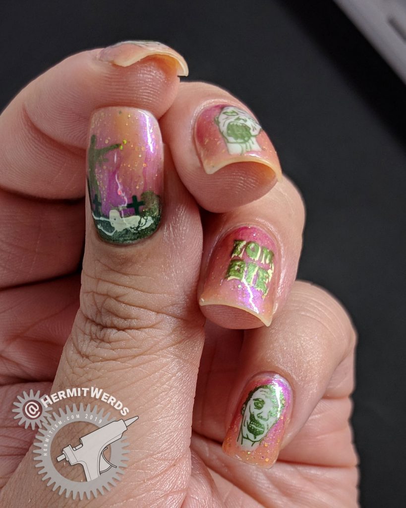 A delicately gruesome zombie nail art using a translucent shimmery orange polish and soft metallic green zombies.