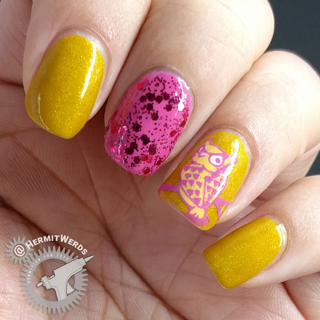 Mustard and pink nail art with an owl stamping decal giving you side-eye.