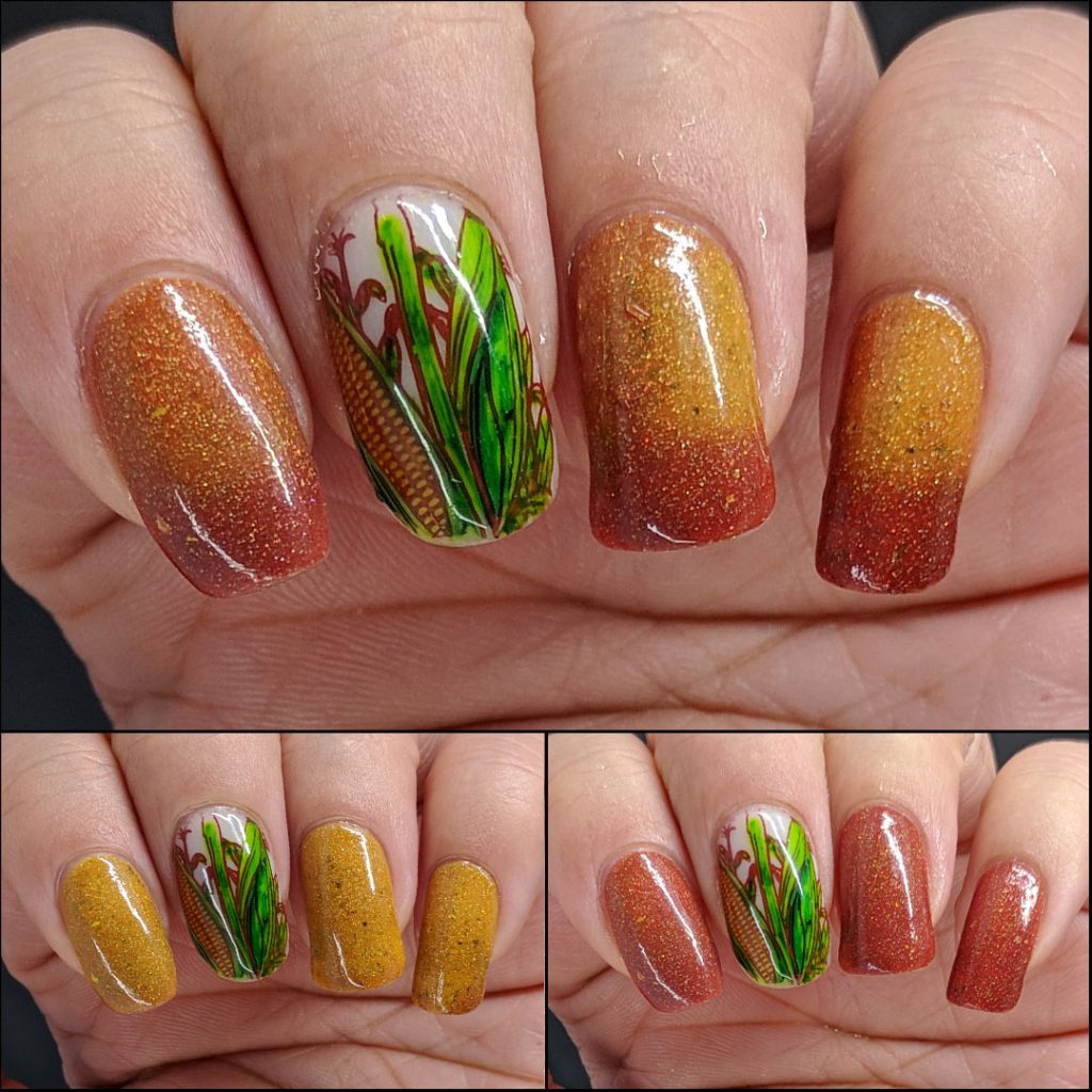 Mustard and terracotta thermal polish with corn decals colored in with Sharpie markers.